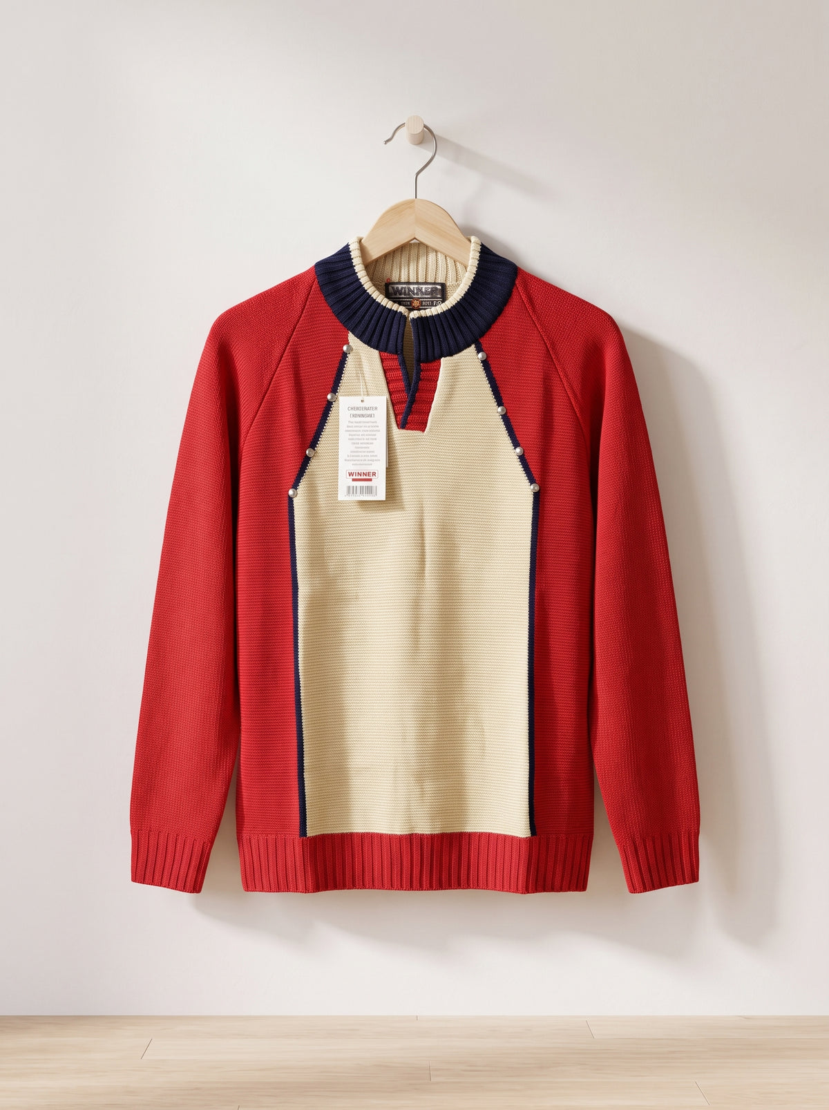 Men’s Color Block Knit Sweater – Red & Beige Pullover with dark blue Trim and Ribbed Collar