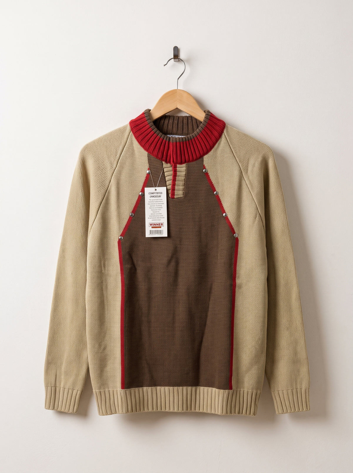Men’s Color Block Knit Sweater – Beige & Brown Pullover with Red Trim and Ribbed Collar