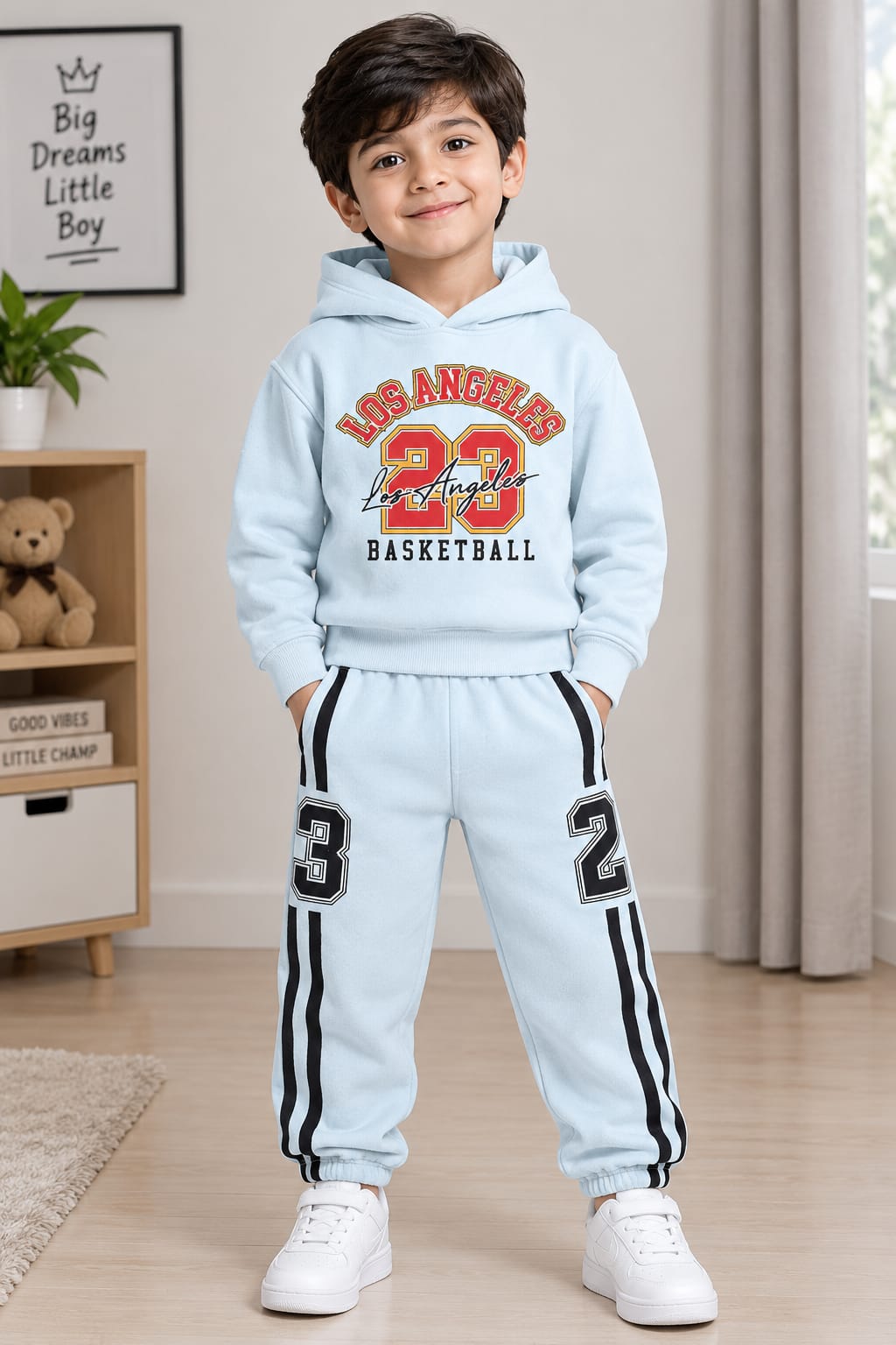 Boys Sky Blue Winter Tracksuit Set (1–5 Years) – Los Angeles 23 Printed Hoodie & Joggers 2-Piece Outfit