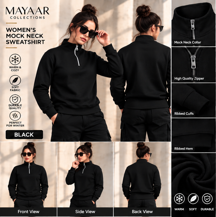Women’s Black Mock Neck Sweatshirt – Long Sleeve Casual Pullover for Gym, Workout & Everyday Wear
