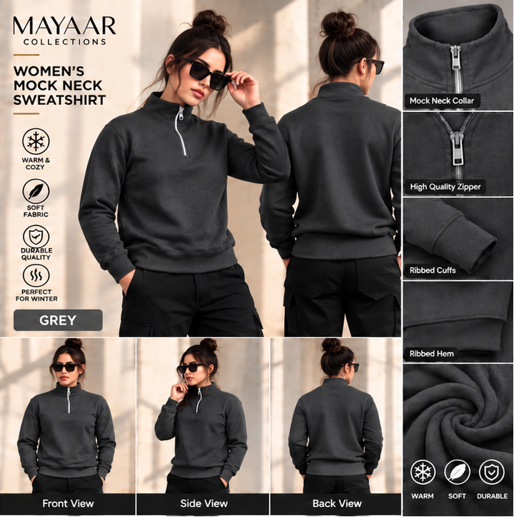 Women’s Gray Mock Neck Sweatshirt – Long Sleeve Casual Pullover for Gym, Workout & Everyday Wear