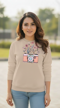 Women's Casual Crew Neck Sweatshirt Soft & Loose Fit Pullover In Beige Color Camera Printed