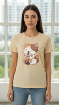 Women's T-Shirt – Short Sleeve Crew Neck Casual Tee in Beige Printed Cat with Coffee Graphic T-Shirt - Mayaar Collections