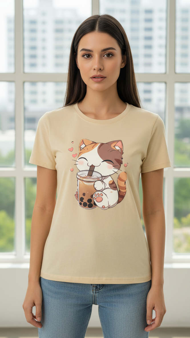 Women's T-Shirt – Short Sleeve Crew Neck Casual Tee in Beige Printed Cat with Coffee Graphic T-Shirt - Mayaar Collections