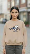 Women's Casual Crew Neck Sweatshirt Soft & Loose Fit Pullover In Beige Color Snoopy Printed - Mayaar Collections