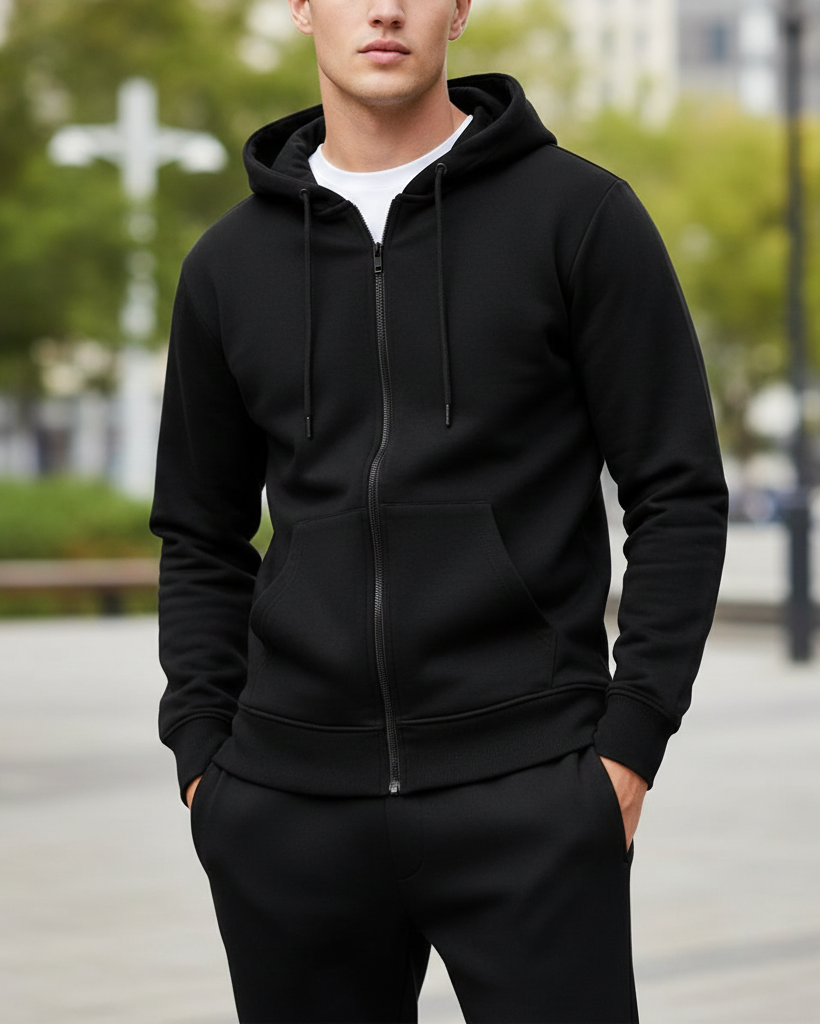 Black Zip-Up Hooded Sweatshirt and Coordinated Joggers - Mayaar Collections