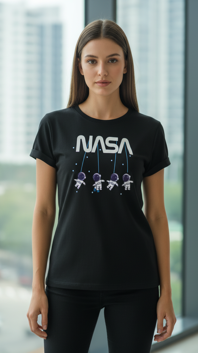 Women's T-Shirt – Short Sleeve Crew Neck Casual Tee in Black Printed NASA Graphic T-Shirt - Mayaar Collections
