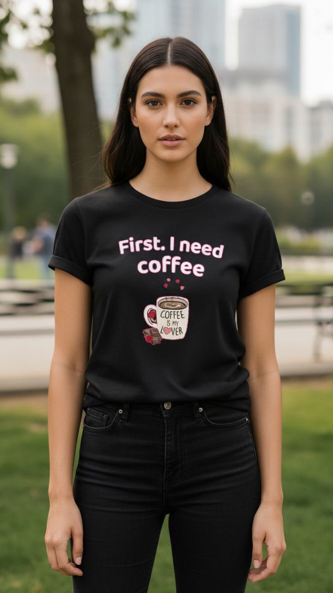 Women's T-Shirt – Short Sleeve Crew Neck Casual Tee in Black Printed First I need Coffee Graphic T-Shirt - Mayaar Collections