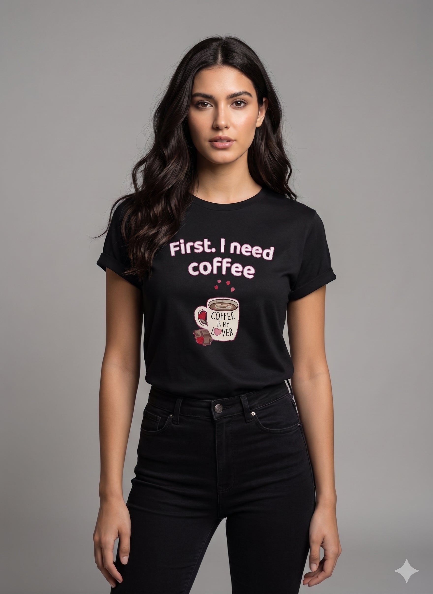 Women's T-Shirt – Short Sleeve Crew Neck Casual Tee in Black Printed First I need Coffee Graphic T-Shirt
