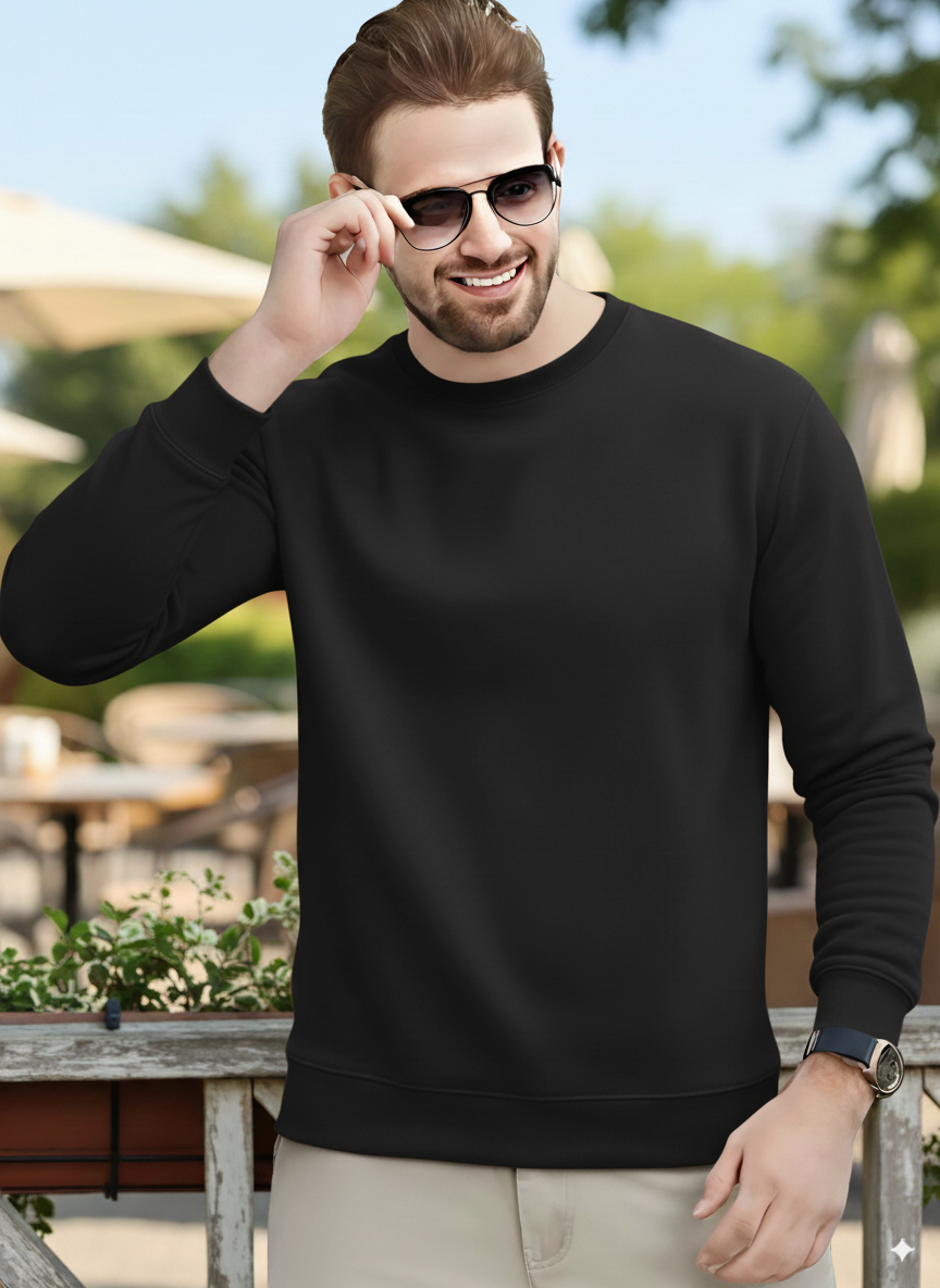 Men's Essentials Black Feel Cozy Fleece Long Sleeve Casual Sweatshirt