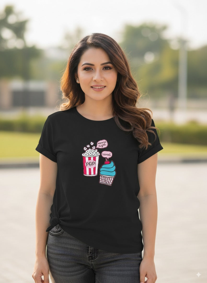 Women's T-Shirt – Short Sleeve Crew Neck Casual Tee in Black Printed Graphic T-Shirt