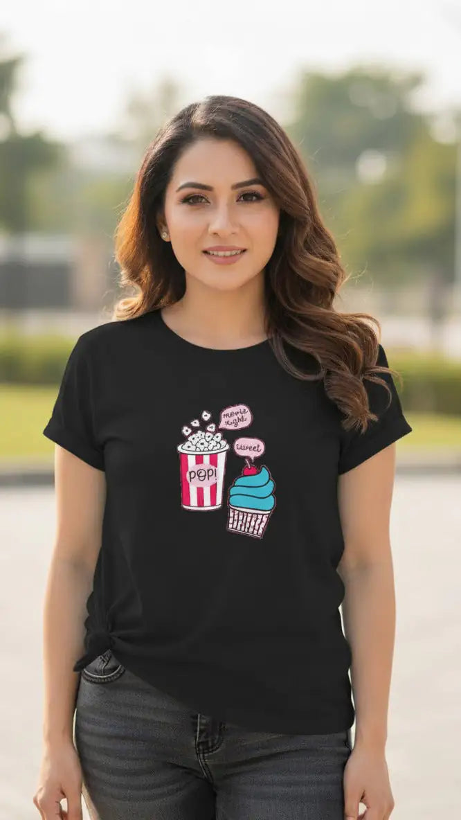 Women's T-Shirt – Short Sleeve Crew Neck Casual Tee in Black Printed Graphic T-Shirt - Mayaar Collections