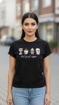 Women's T-Shirt – Short Sleeve Crew Neck Casual Tee in Black Printed Coffee Graphic T-Shirt - Mayaar Collections