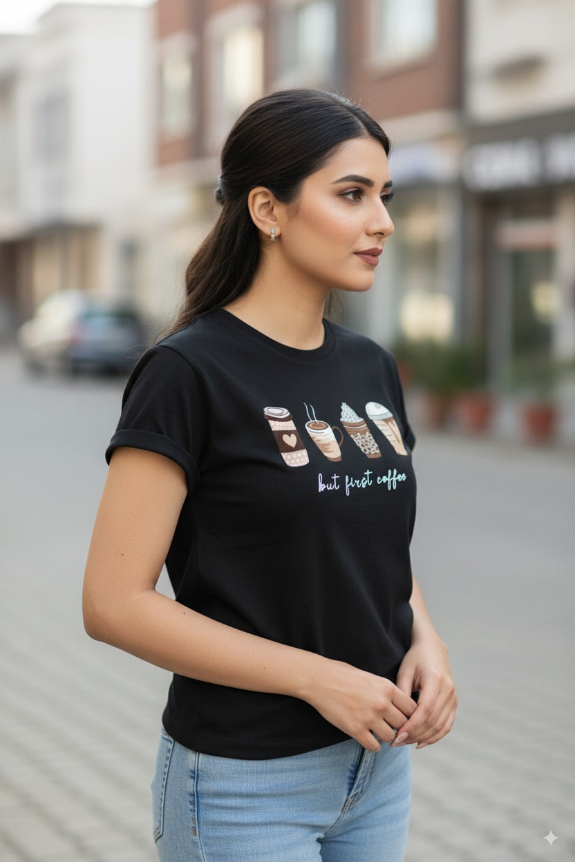 Women's T-Shirt – Short Sleeve Crew Neck Casual Tee in Black Printed Coffee Graphic T-Shirt