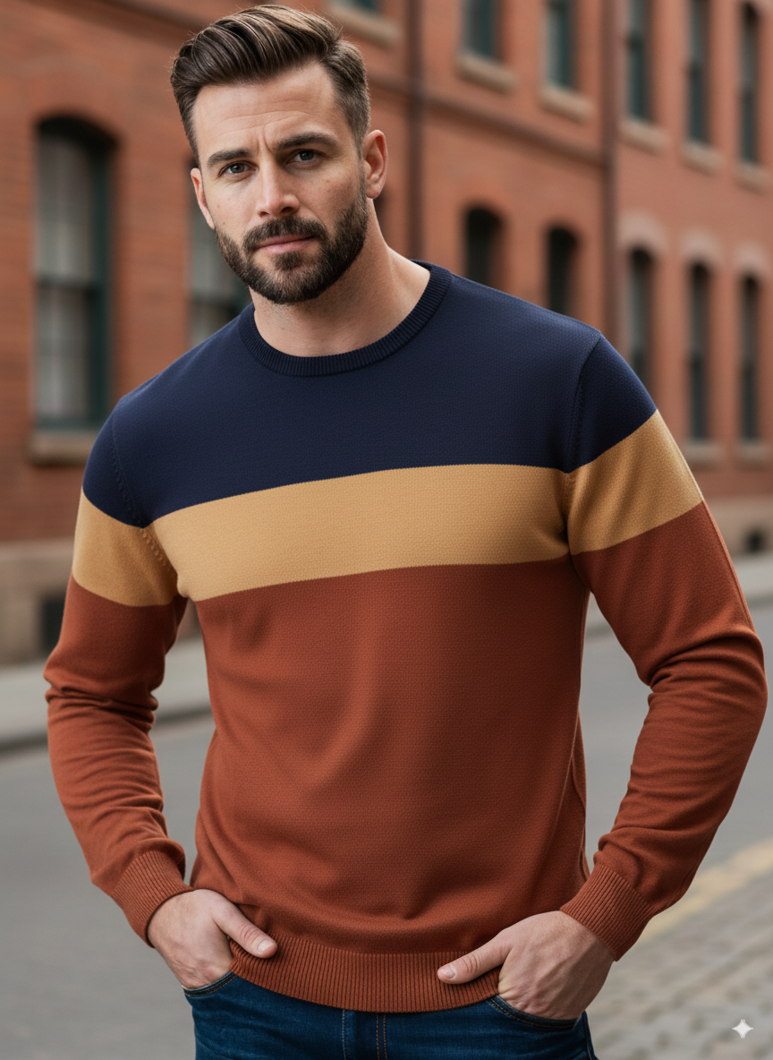 Men’s Essentials Color Block Sweatshirt – Navy Blue, Light & Dark Brown Long Sleeve Casual Sweatshirt