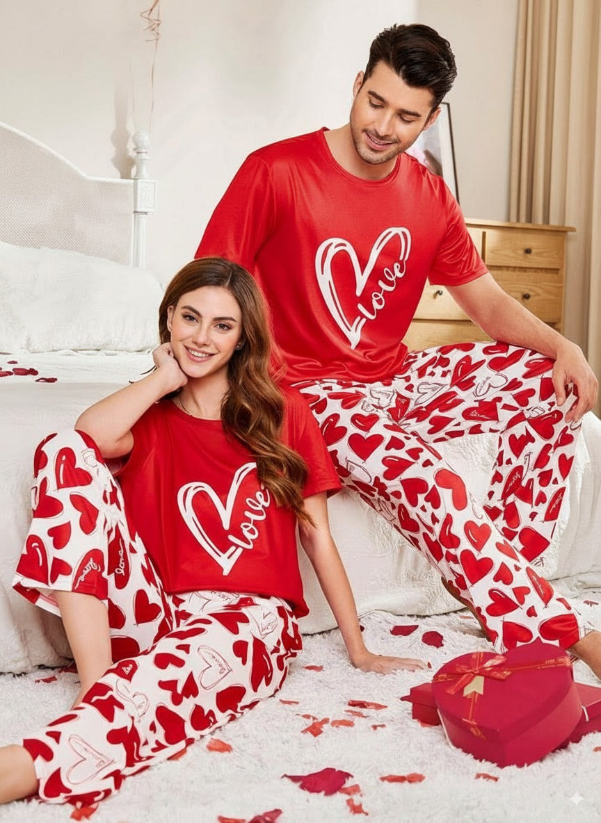 Couple Red Printed Love Graphics Night Suite
