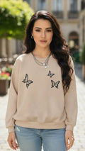 Women's Casual Crew Neck Sweatshirt Soft & Loose Fit Pullover In Beige Butterfly Printed - Mayaar Collections
