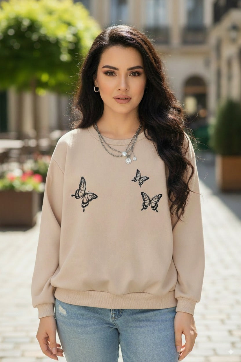 Women's Casual Crew Neck Sweatshirt Soft & Loose Fit Pullover In Beige Butterfly Printed