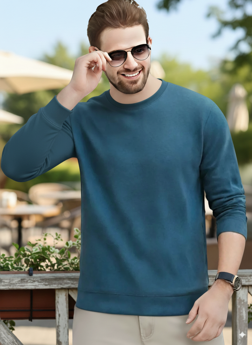Men's Essentials Teal Blue Feel Cozy Fleece Long Sleeve Casual Sweatshirt