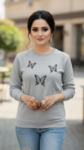 Women's Casual Crew Neck Sweatshirt Soft & Loose Fit Pullover In Grey Color Butterfly Printed - Mayaar Collections