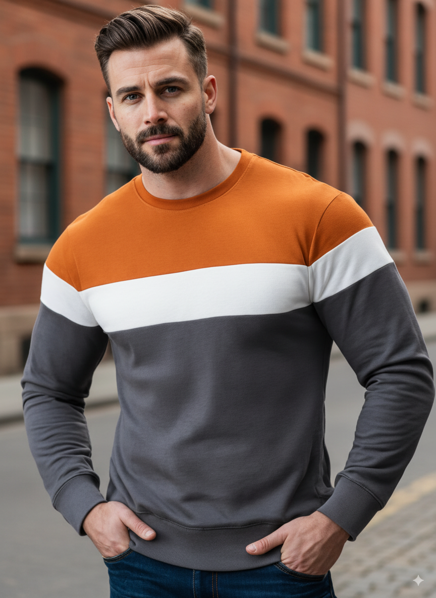 Men’s Essentials Color Block Sweatshirt – Orange, White & Grey Long Sleeve Casual Sweatshirt