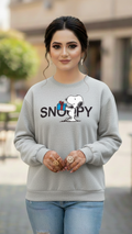 Women's Casual Crew Neck Sweatshirt Soft & Loose Fit Pullover In Gray Color Snoopy Printed - Mayaar Collections