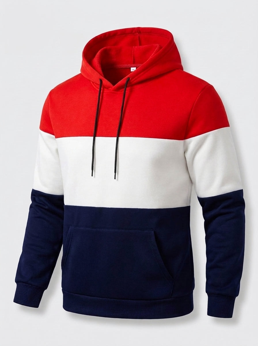 Men's Color Block Hoodie – Red, White & Black Casual Pullover with Kangaroo Pocket