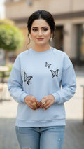 Women's Casual Crew Neck Sweatshirt Soft & Loose Fit Pullover In Light Blue Butterfly Printed - Mayaar Collections