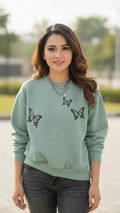 Women's Casual Crew Neck Sweatshirt Soft & Loose Fit Pullover In Light Green Color Butterfly Printed - Mayaar Collections