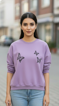 Women's Casual Crew Neck Sweatshirt Soft & Loose Fit Pullover In Light Purple Color Butterfly Printed - Mayaar Collections