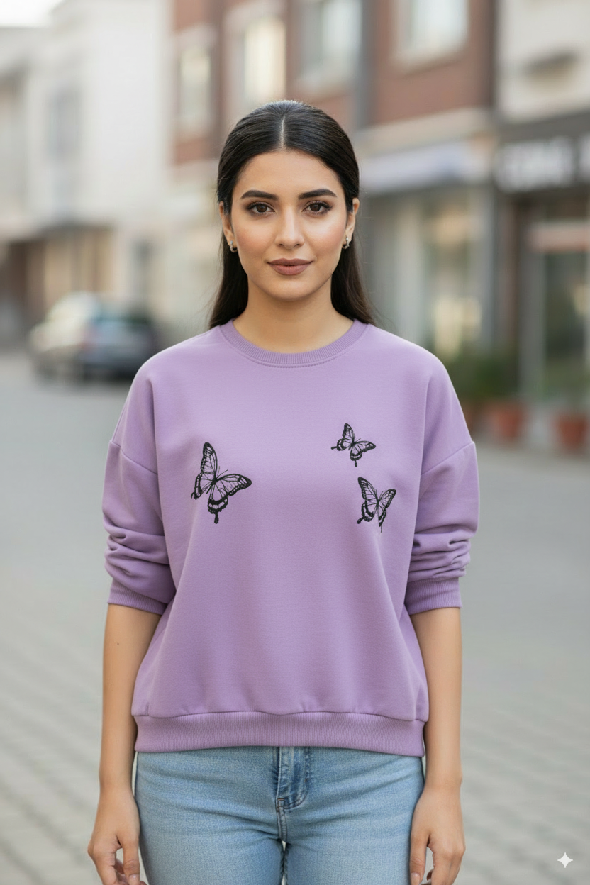 Women's Casual Crew Neck Sweatshirt Soft & Loose Fit Pullover In Light Purple Color Butterfly Printed