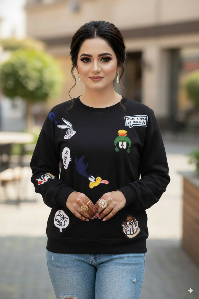 Women's Casual Crew Neck Sweatshirt Soft & Loose Fit Pullover In Black Color Looney Tunes Printed