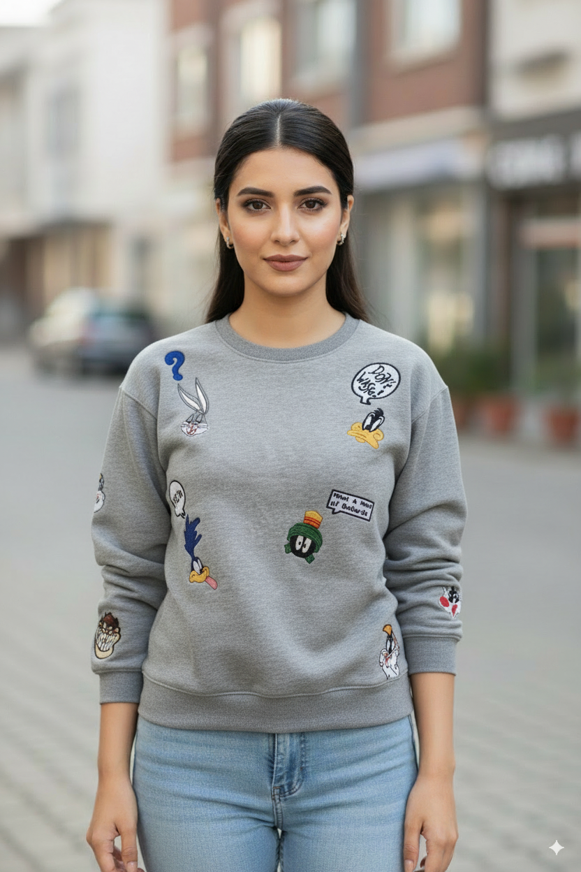 Women's Casual Crew Neck Sweatshirt Soft & Loose Fit Pullover In Grey Color Looney Tunes Printed