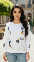 Women's Casual Crew Neck Sweatshirt Soft & Loose Fit Pullover In White Color Looney Tunes Printed - Mayaar Collections