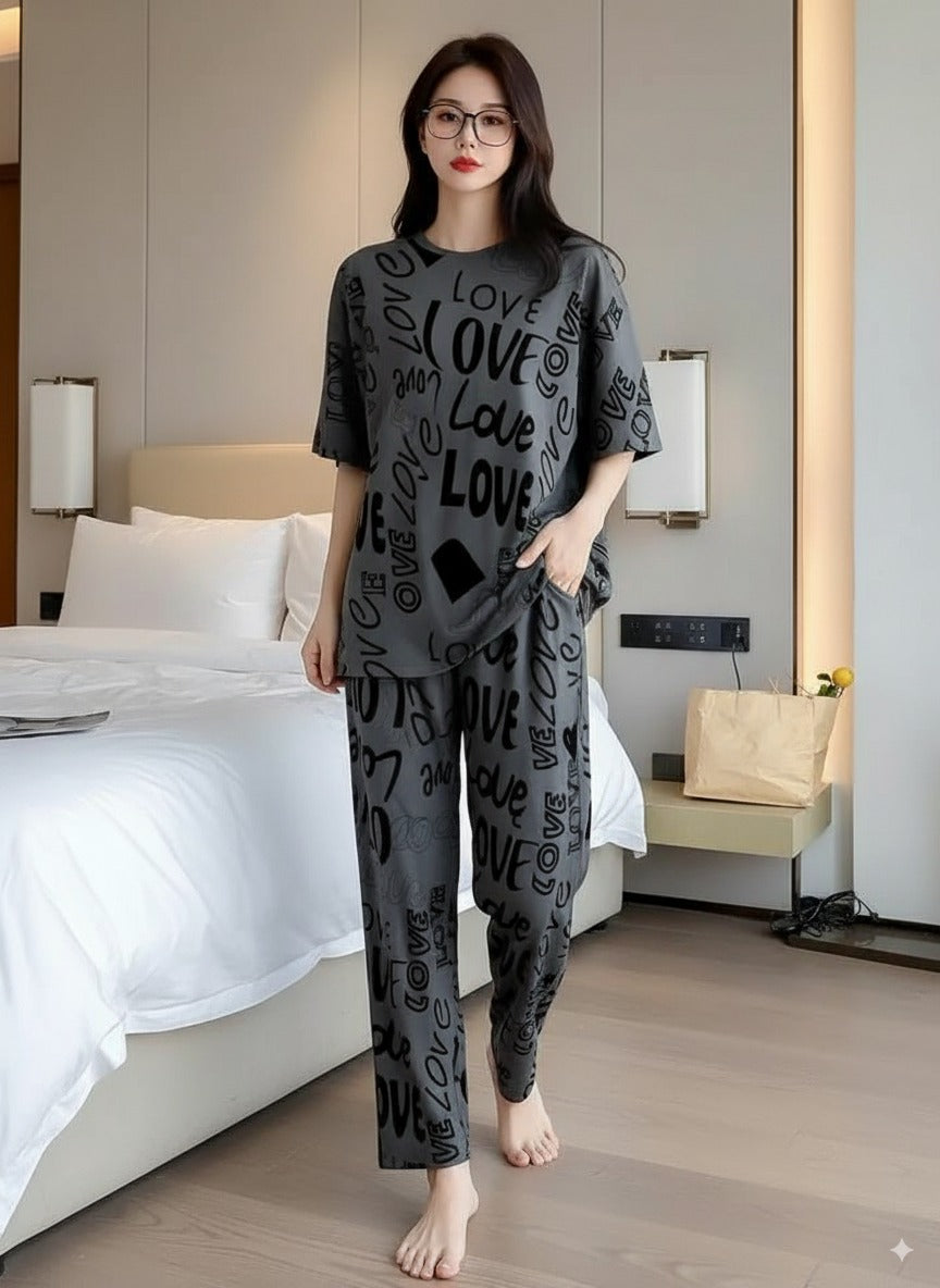 Women Dark Grey Printed Love Graphics Night Suite