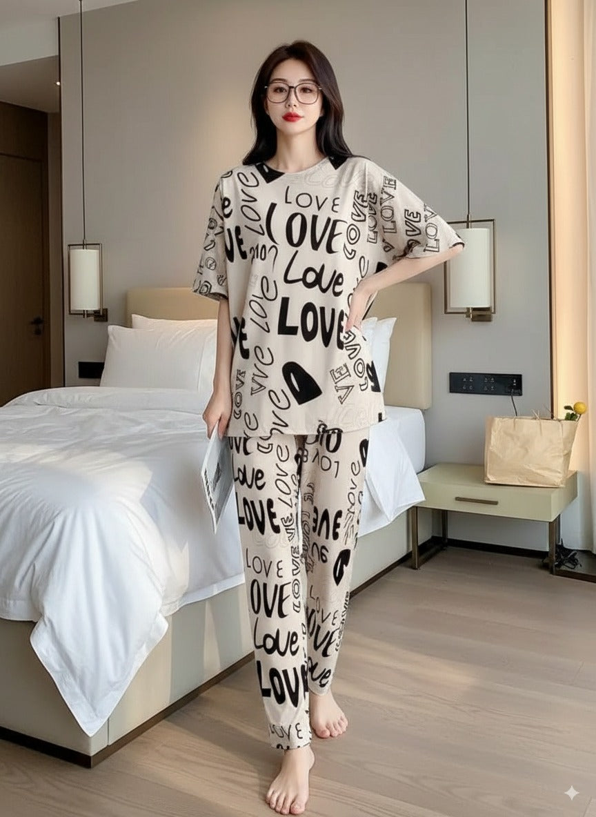 Women Off-White Printed Love Graphics Night Suite