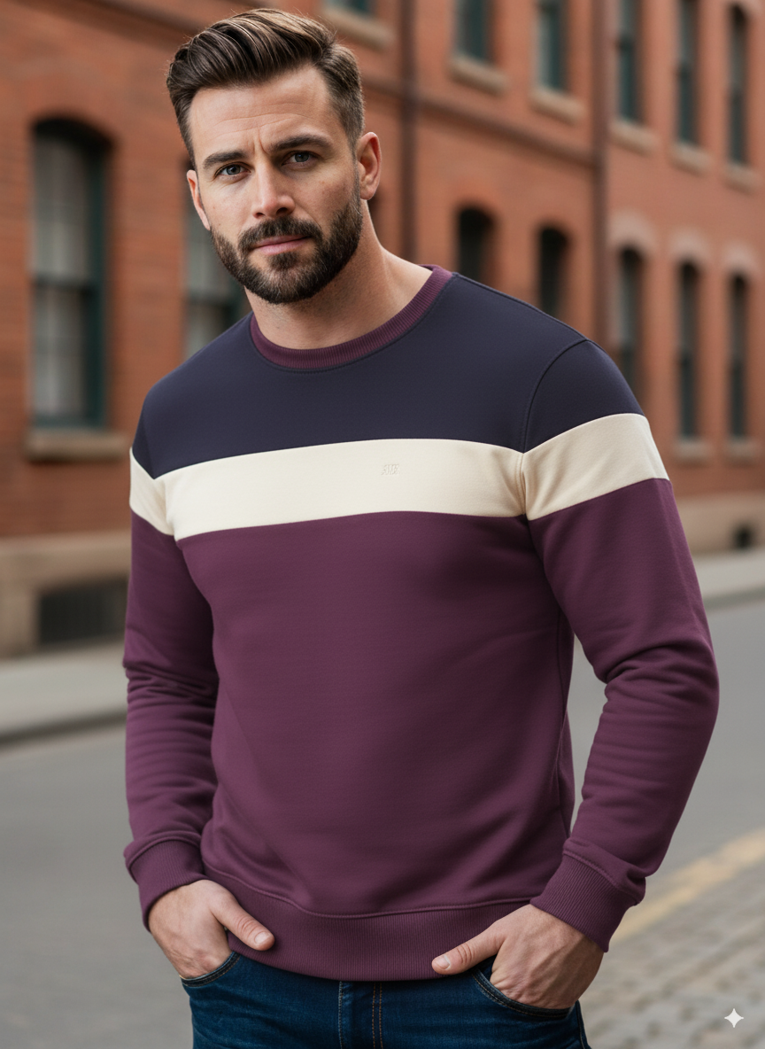 Men’s Essentials Color Block Sweatshirt – Navy Blue, Beige & Mergenda Long Sleeve Casual Sweatshirt