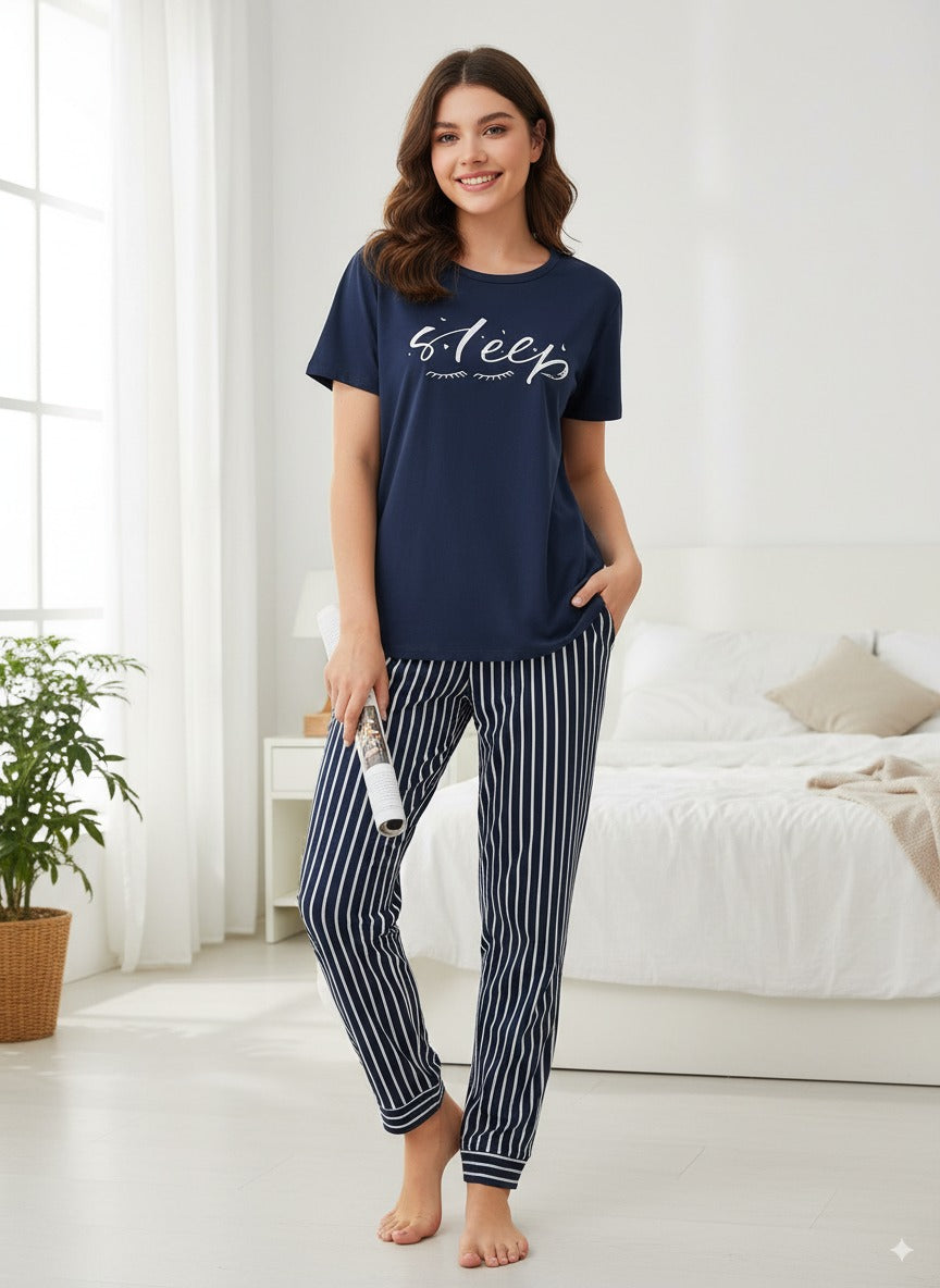 Women Navy Blue Printed Sleep Graphics Night Suite