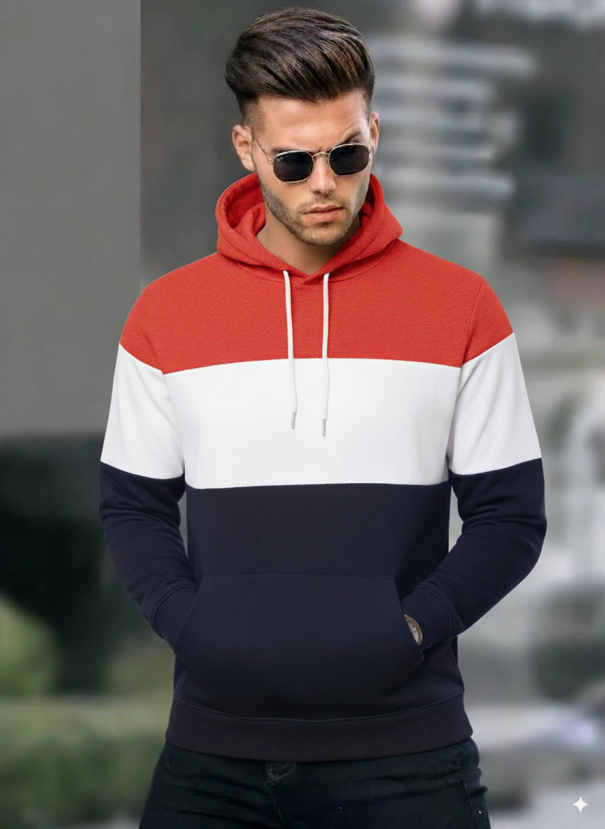 Men's Color Block Hoodie – Red, White & Navy Casual Pullover with Kangaroo Pocket