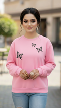 Women's Casual Crew Neck Sweatshirt Soft & Loose Fit Pullover In Pink Color Butterfly Printed - Mayaar Collections