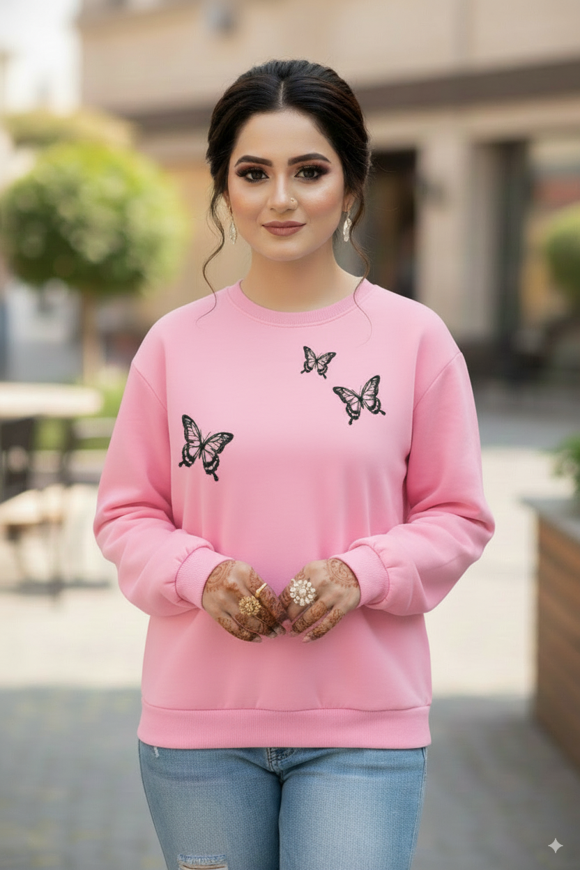 Women's Casual Crew Neck Sweatshirt Soft & Loose Fit Pullover In Pink Color Butterfly Printed