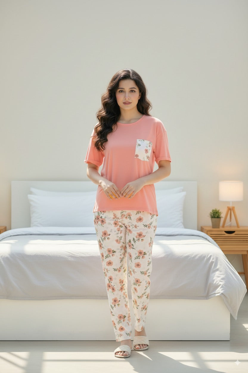 Women Pink and White Printed Flowers Graphics Night Suite