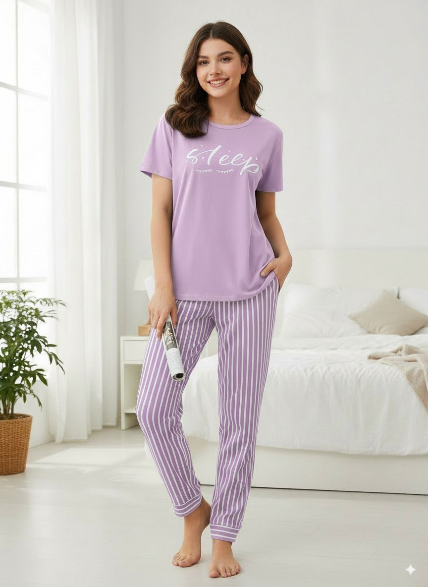 Women Pink Printed Sleep Graphics Night Suite