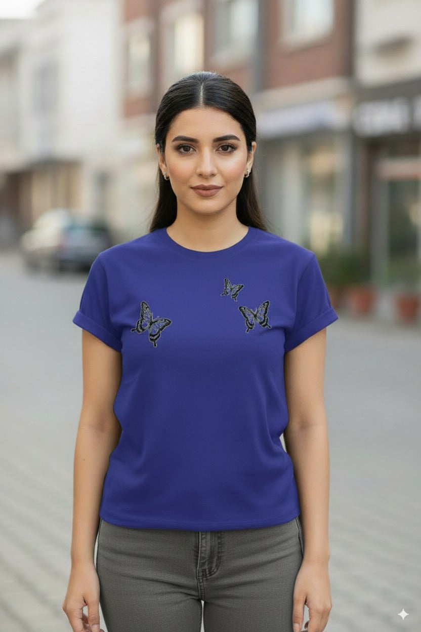 Women's Casual Crew Neck Sweatshirt Soft & Loose Fit Pullover In Purple Butterfly Printed