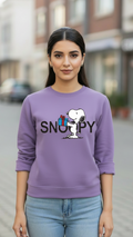 Women's Casual Crew Neck Sweatshirt Soft & Loose Fit Pullover In Purple Color Snoopy Printed - Mayaar Collections