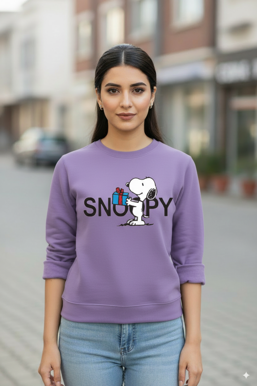 Women's Casual Crew Neck Sweatshirt Soft & Loose Fit Pullover In Purple Color Snoopy Printed