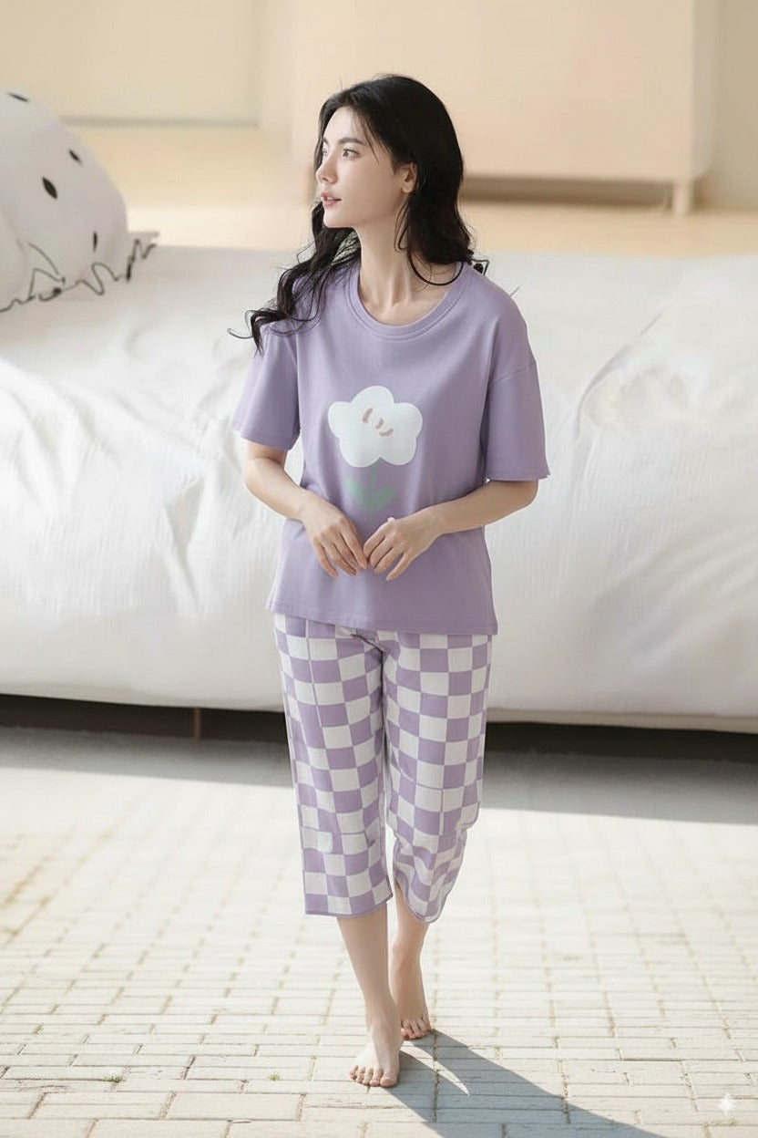 Women Purple Printed Cloud Graphics Night Suite
