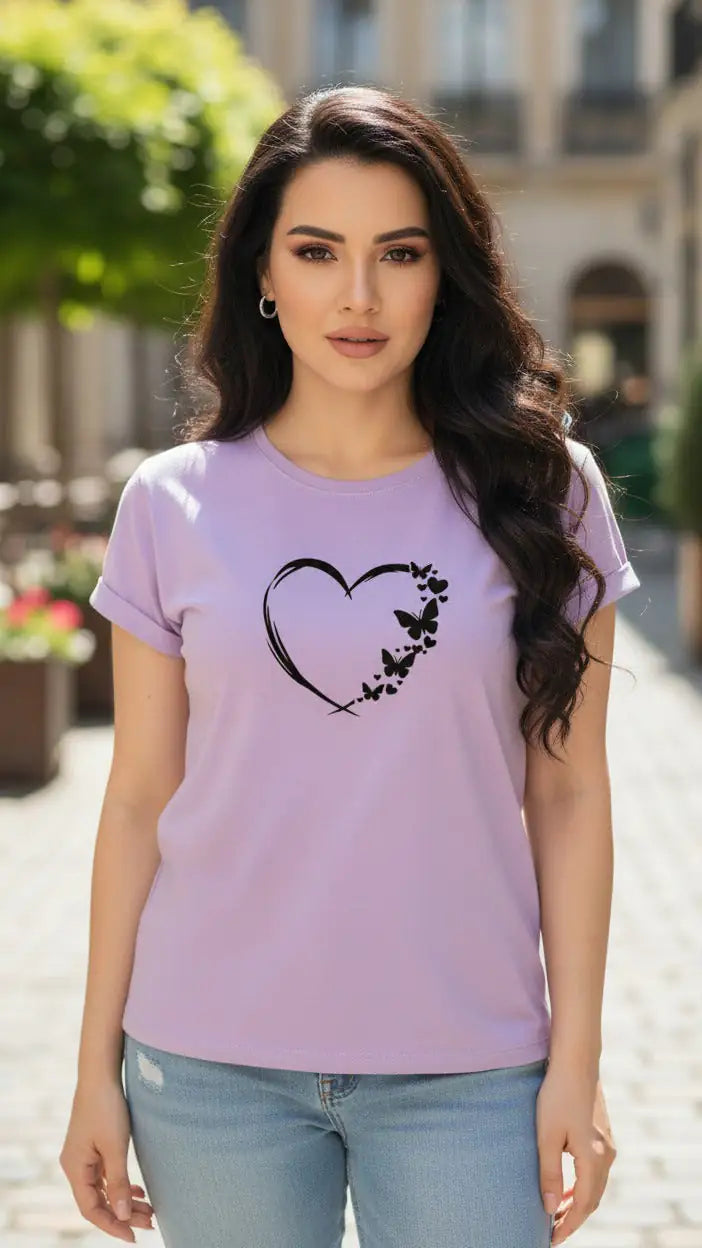 Women's T-Shirt – Short Sleeve Crew Neck Casual Tee in Purple Printed Heart Graphic T-Shirt - Mayaar Collections
