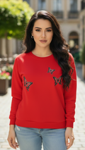 Women's Casual Crew Neck Sweatshirt Soft & Loose Fit Pullover In Red Color Butterfly Printed - Mayaar Collections