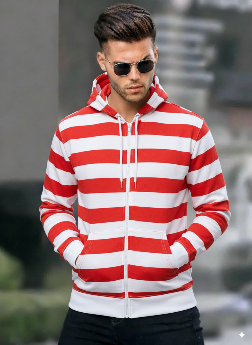 Men’s Red & White Striped Zip Up Hoodie – Casual Full Zip Sweatshirt with Pockets
